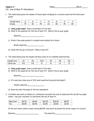 Line of Best Fit Worksheet for Data Analysis