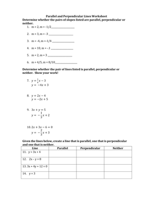 Parallel and Perpendicular Lines Worksheet