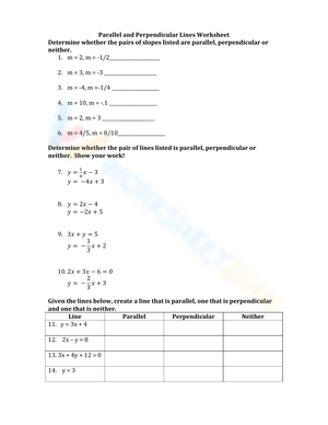 Parallel and Perpendicular Lines Worksheet