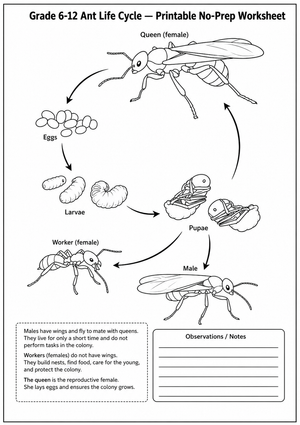 Ant Life Cycle Printable Worksheet | Grade 6-12 Biology