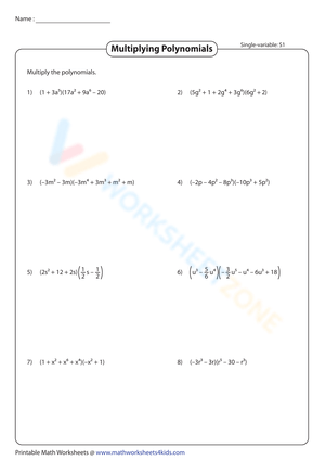 Worksheet on Polynomial and Binomial Multiplication