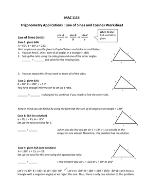 Worksheet on the Law of Sines