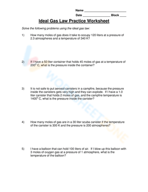 Ideal Gas Law Practice Worksheet