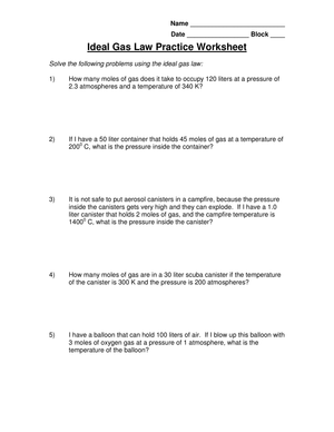 Ideal Gas Law Practice Worksheet