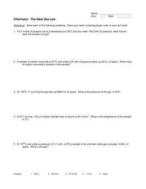 Chemistry: The Ideal Gas Law Worksheet