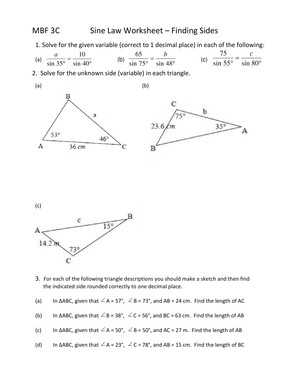 Updated Sine Law Worksheet: Trigonometry Practice