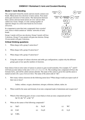 Ionic & Covalent Bonding: Chemistry Worksheet