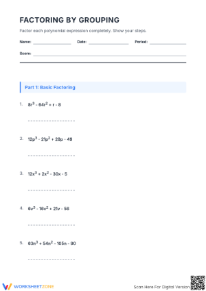 Essential Factoring by Grouping Worksheet | Grade 8-9