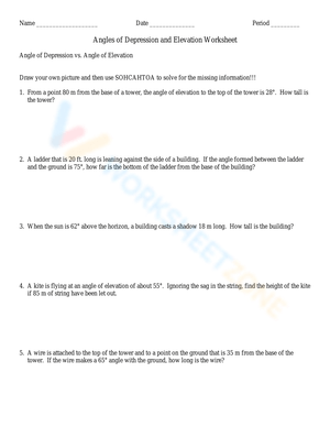 Angles of Depression and Elevation Worksheet
