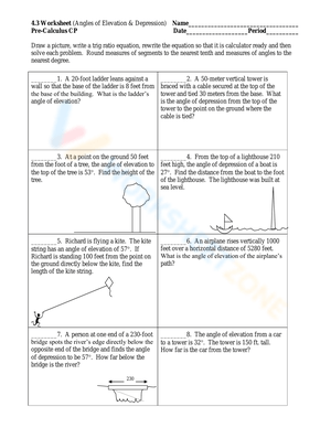 Angles of Elevation and Depression Worksheet Practice