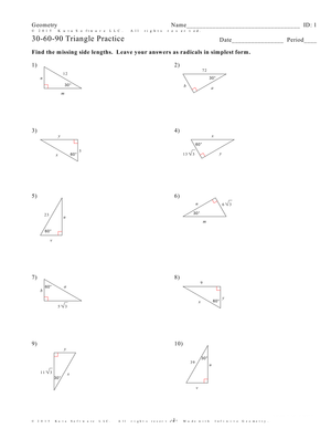 30-60-90 Triangle Practice – Geometry Worksheet Description: