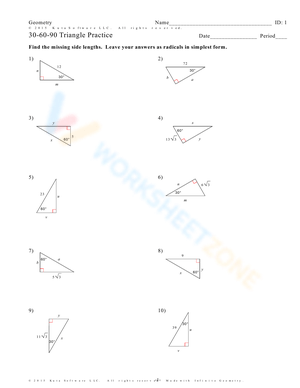 30-60-90 Triangle Practice – Geometry Worksheet Description: