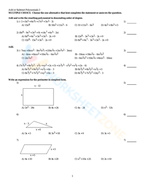 Add or Subtract Polynomials Worksheet