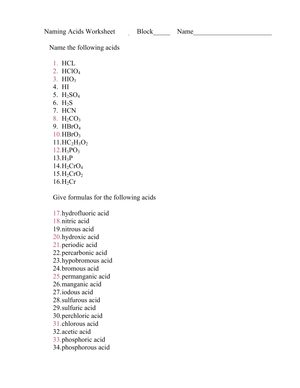 Naming Acids Practice Worksheet