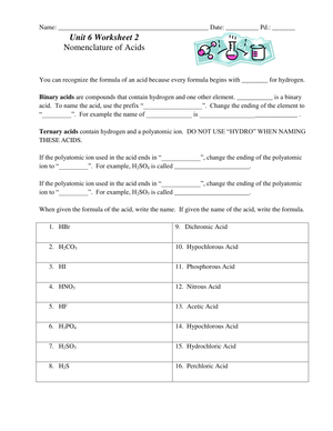 Acid Naming Worksheet for Chemistry