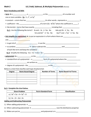 Free Adding and Subtracting Polynomials Worksheets