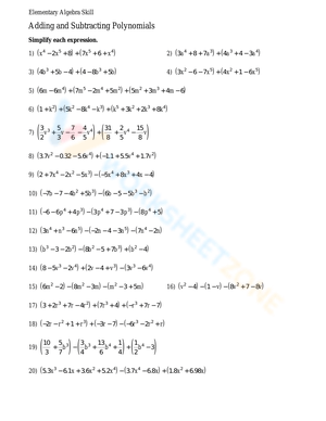 Free Adding and Subtracting Polynomials Worksheets
