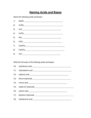 Naming Acids and Bases Worksheet