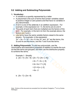 Free Adding and Subtracting Polynomials Worksheets