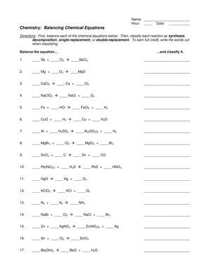Balancing Chemical Equations Worksheet
