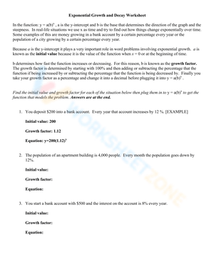 Free Exponential Growth and Decay Worksheets with Answer Key