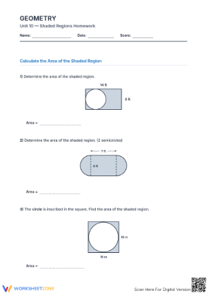 Essential Shaded Regions Area Worksheet | Grade 7-9