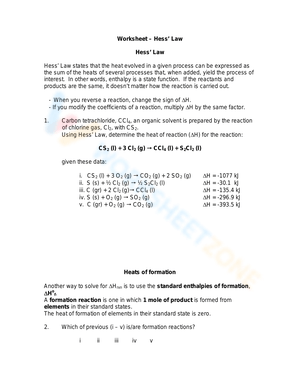 Worksheet Hess's Law Thermodynamics