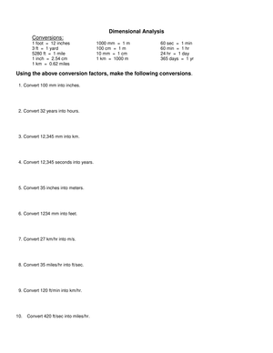 Worksheet: Mastering Dimensional Analysis Techniques