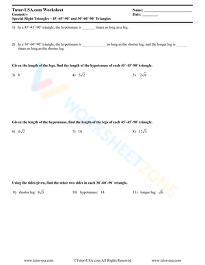 Worksheet: Properties of 45-45-90 Triangles