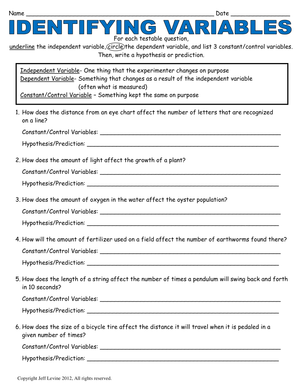 Worksheet on Identifying Variables in Science