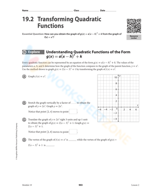Transforming Quadratic Functions Worksheet