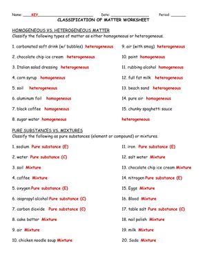 Classification of Matter Worksheet