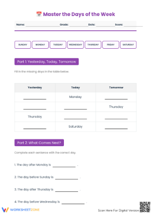 Grade 1 Days of the Week — Printable No-Prep Worksheet