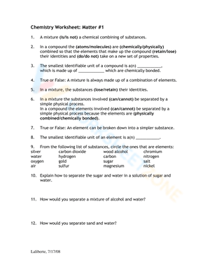 Updated Matter Classification Worksheet