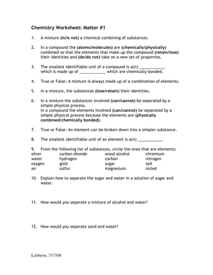 Updated Matter Classification Worksheet