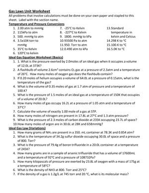 Updated Gas Laws Unit Worksheet