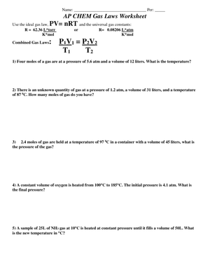 Ideal Gas Law Worksheet