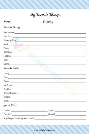 Worksheet About Favorite Things