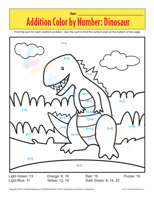 Fun Addition Color by Number Dinosaur Worksheet | Grade 1 Math