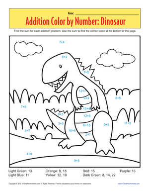 Fun Addition Color by Number Dinosaur Worksheet | Grade 1 Math