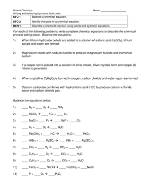 Writing And Balancing Chemical Equations Worksheet