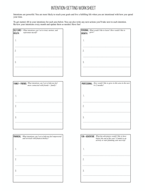 Intention Worksheet For Daily Life