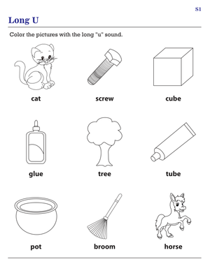 Printable Long U Vowel Sound Worksheet for Grade 1