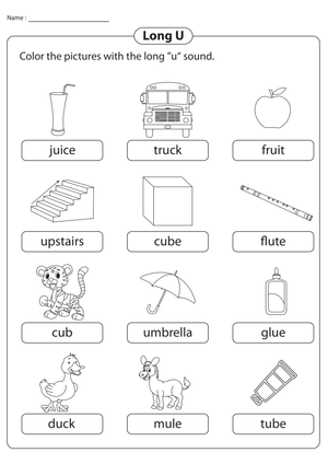 Coloring Long U Words: Printable Grade 1 Phonics
