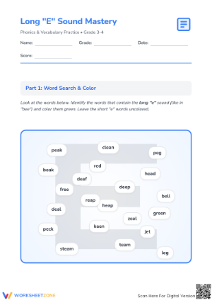 Printable Long E Sound Mastery Worksheet | Grade 3-4 ELA