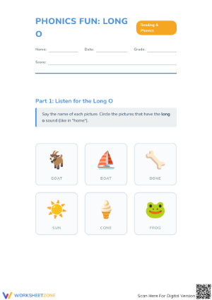 Essential Long O Phonics Worksheet | Grade 1-2 Printable