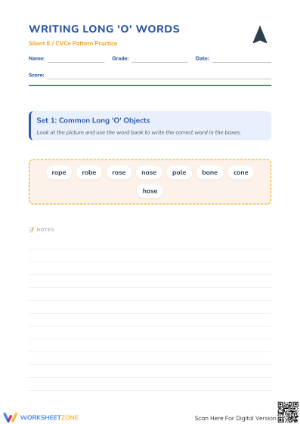 Printable Long O Vowel Words Worksheet | Grade 1 Phonics