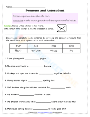 Free Printable Pronouns and Antecedents Worksheets