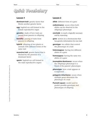 Introduction to Genetics Vocabulary Worksheet