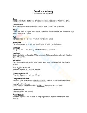 Advanced Genetics Vocabulary Worksheet